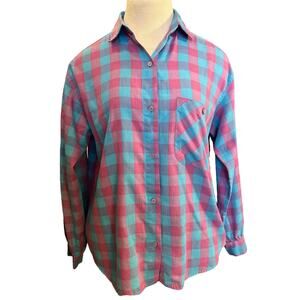 Vintage Lemon Check Plaid Button Front Blouse Shirt Size M Pink Blue Retro Girly